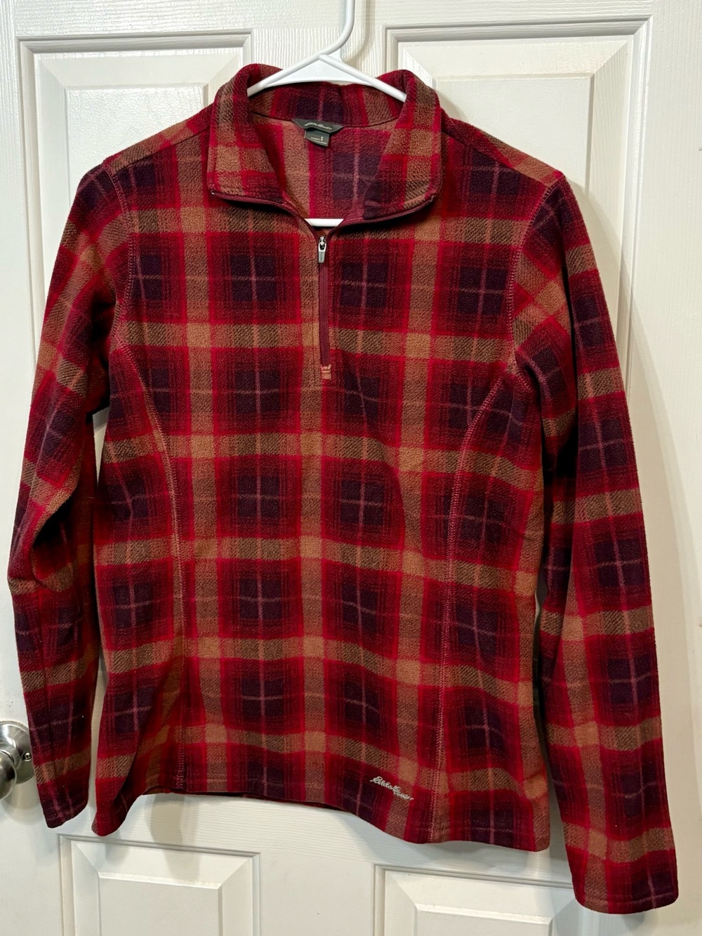 Eddie Bauer Red Pink and Tan Plaid Half-Zip Fleece Pullover
